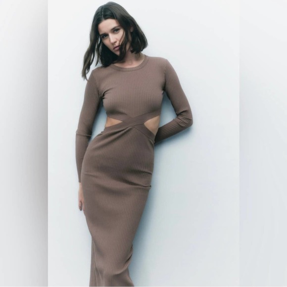 ZARA CUT-OUT RIBBED KNIT DRESS MINK BROWN - Picture 11 of 16